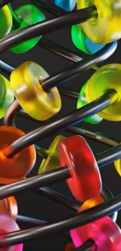 Colorful beads on black spiral rods in abstract art design.