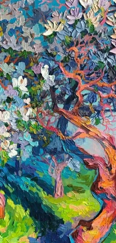 Vibrant abstract painting of blossoming trees with vivid colors.