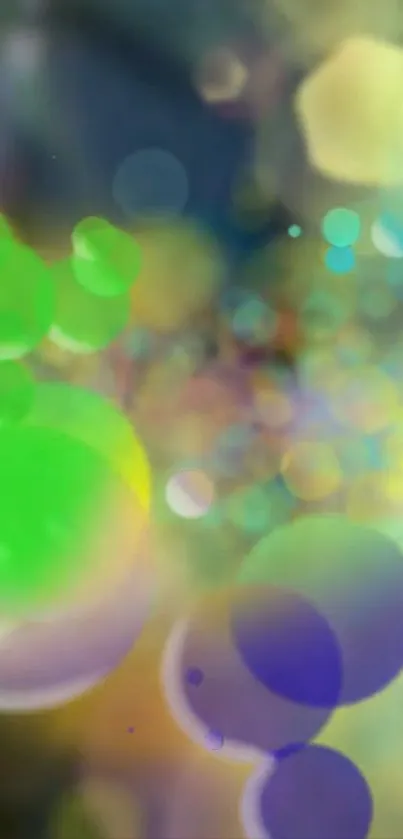 Colorful bokeh wallpaper with green, blue, and yellow circles.