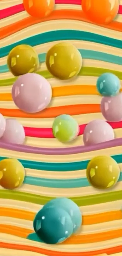 Abstract wallpaper with colorful bubbles on wavy background.