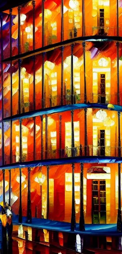 Colorful abstract building artwork with glowing lights on a vibrant night backdrop.