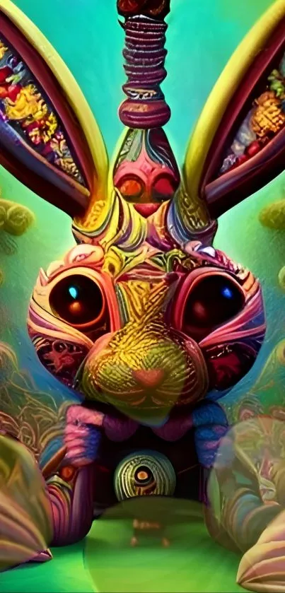 Colorful abstract bunny design with intricate patterns and green background.