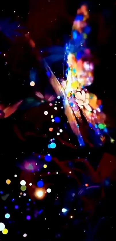 Colorful abstract butterfly with glowing bokeh lights on a dark background.