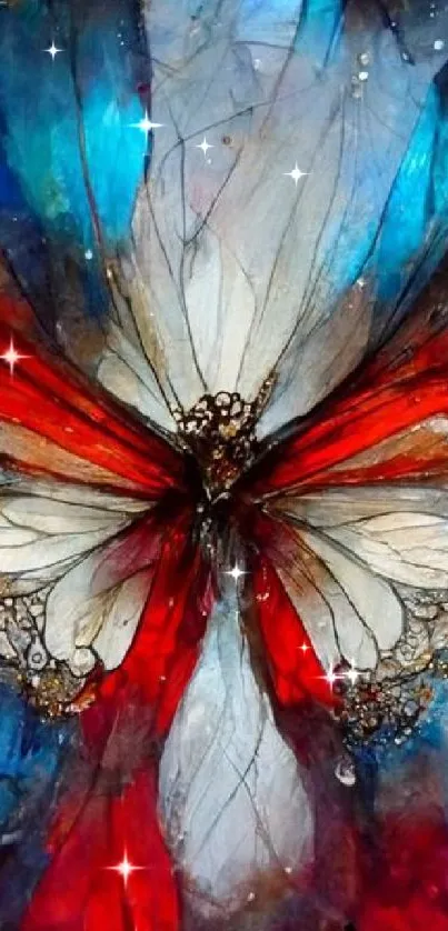 Vibrant abstract butterfly wallpaper with blue, red, and white hues.