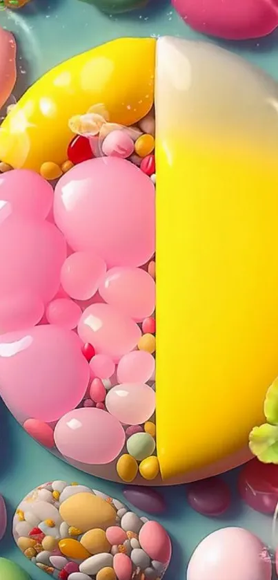 Colorful abstract candy design in vibrant yellow and pink hues.