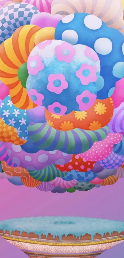 Colorful abstract candy clouds on a pink background.