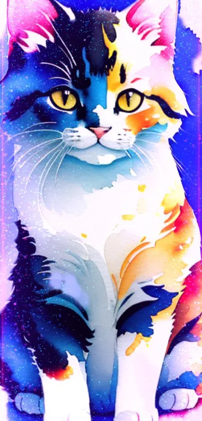 Colorful abstract cat art with vibrant blues, oranges, and purples.