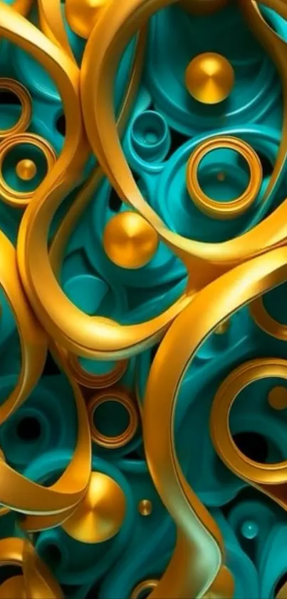 Abstract teal and gold circles design wallpaper.