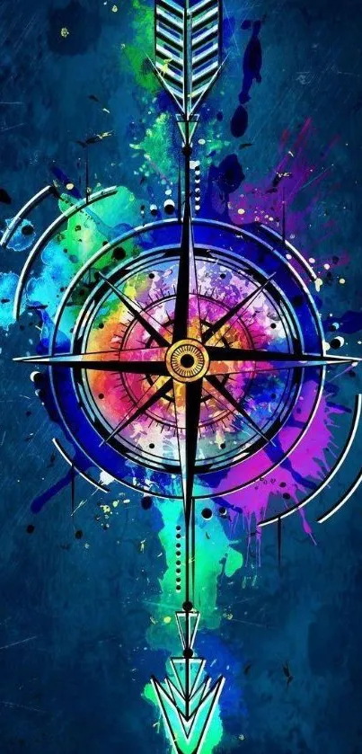 Colorful abstract compass on a navy blue background.