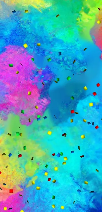 Colorful abstract wallpaper with confetti and vibrant hues.
