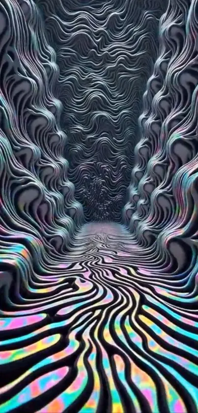 Vibrant abstract corridor with colorful wavy patterns.