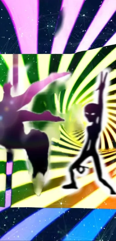 Abstract colorful dance art wallpaper with dynamic figures and swirling colors.