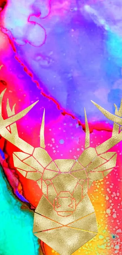 Colorful abstract wallpaper with gold geometric deer antlers.