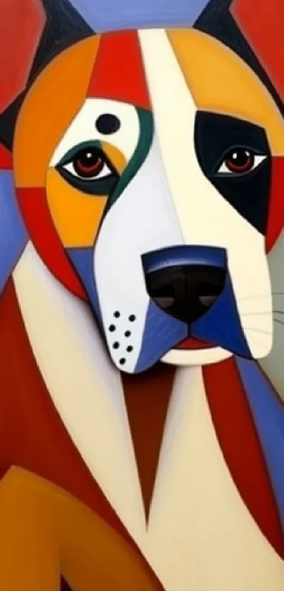 Vibrant abstract dog wallpaper in cubist style with geometric shapes.