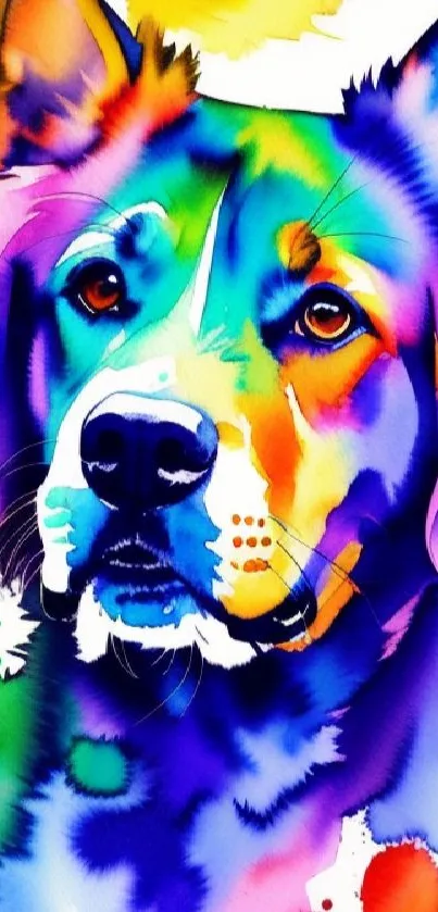 Colorful abstract dog in vibrant watercolor style.