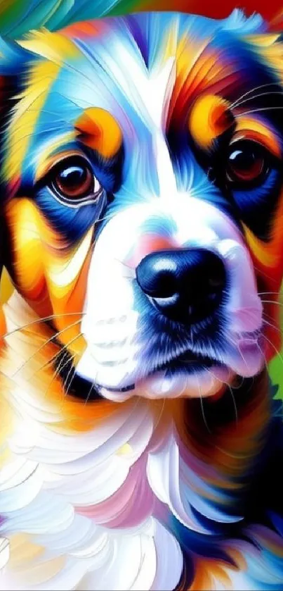 Abstract colorful dog painting with vibrant orange and bold brushstrokes.