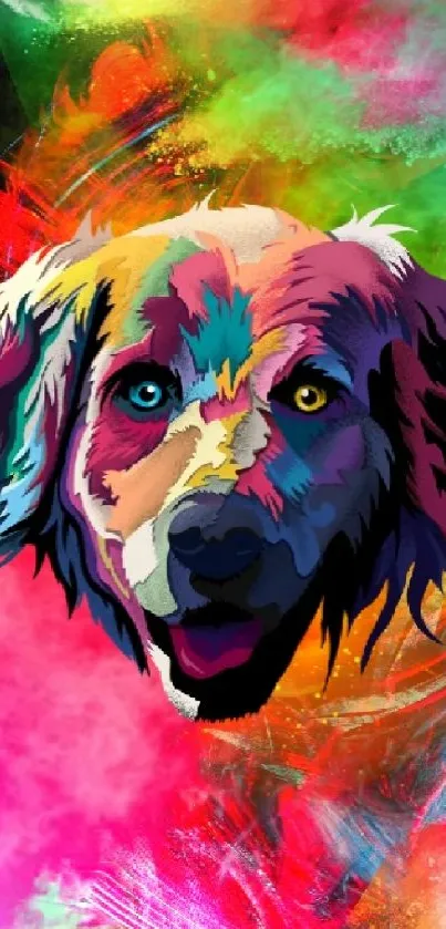 Colorful abstract wallpaper with dog portrait in vibrant colors.