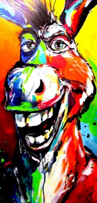 Colorful abstract painting of a smiling donkey with bold vibrant colors.