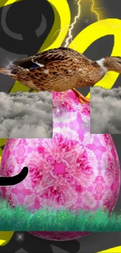 Duck with floral egg and vibrant abstract design wallpaper.