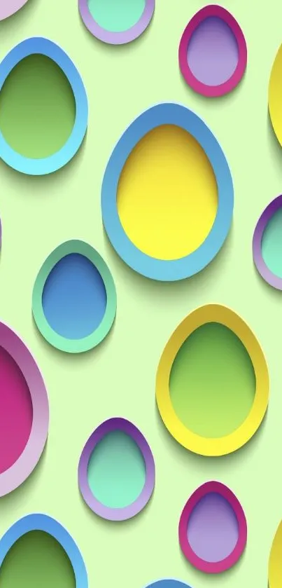 Colorful egg-shaped pattern on light green background.