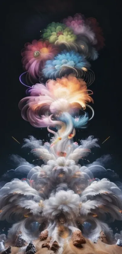 Vibrant abstract explosion artwork with colorful clouds on a dark background.