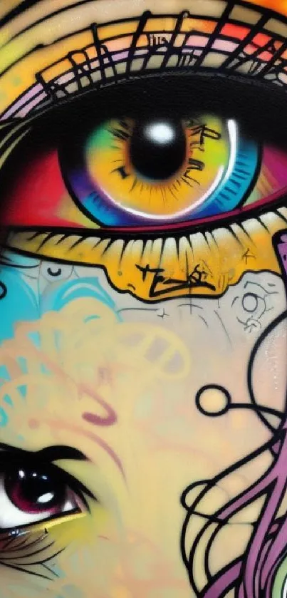 Vibrant abstract eye art with colorful graffiti design.