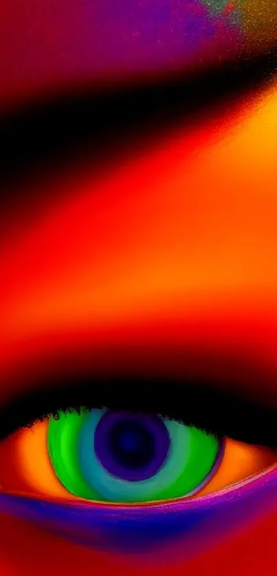 Abstract vibrant eye art with colorful hues in vivid red, orange, and blue.