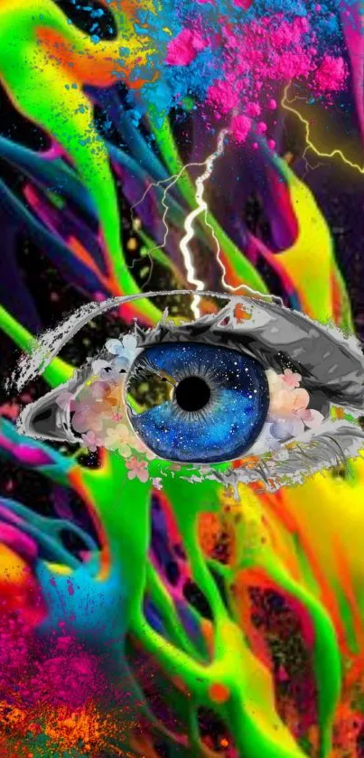 Vibrant abstract eye design with colorful splashes.