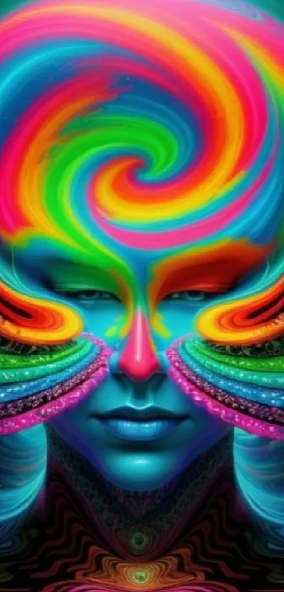 Vibrant abstract face in psychedelic colors for mobile wallpaper.