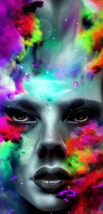 Abstract face art with colorful smoke clouds.