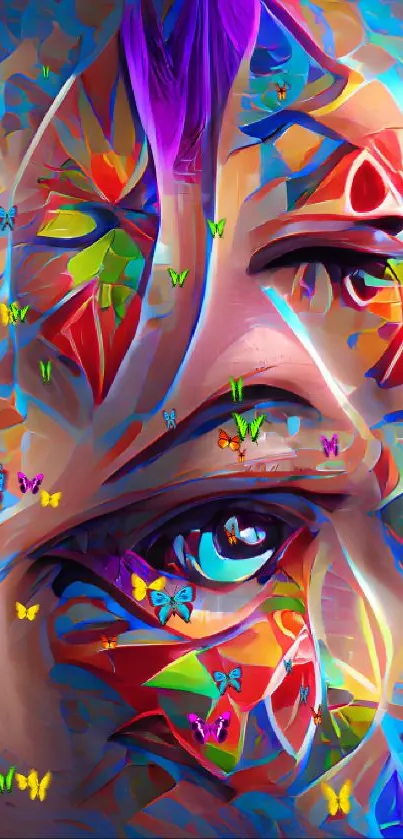 Abstract colorful face art with geometric patterns.