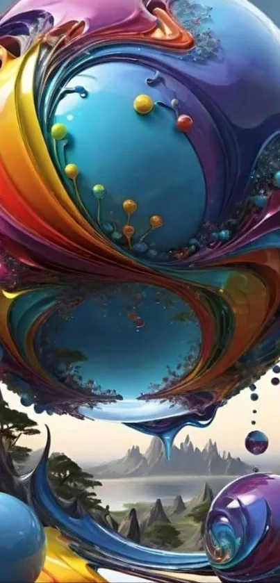 Colorful abstract fantasy sphere with surreal landscape.