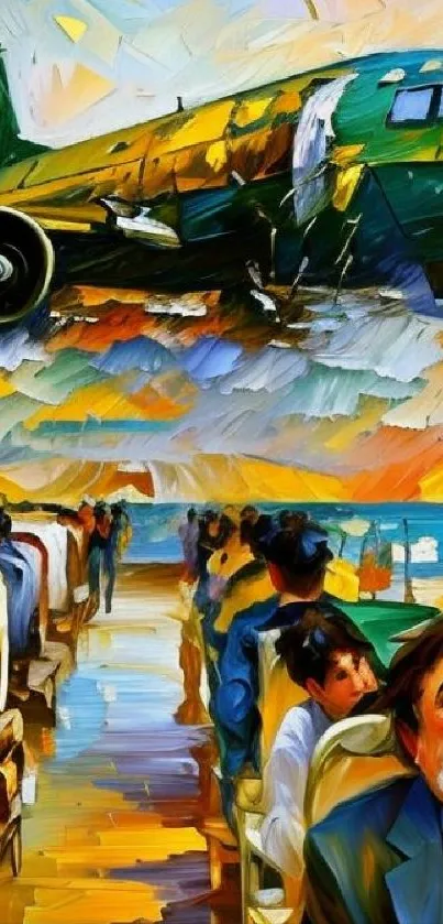 Vivid artistic airplane scene with passengers in abstract style.