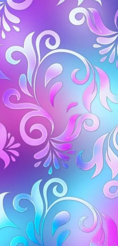 Vibrant abstract wallpaper with swirling floral patterns in blue, pink, and purple.