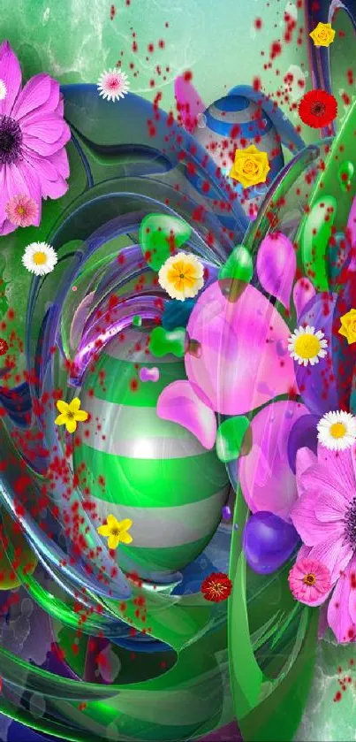 Colorful abstract floral wallpaper with purple flowers and green swirls.