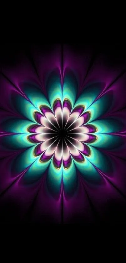 Abstract flower wallpaper with violet and teal colors on a black background.