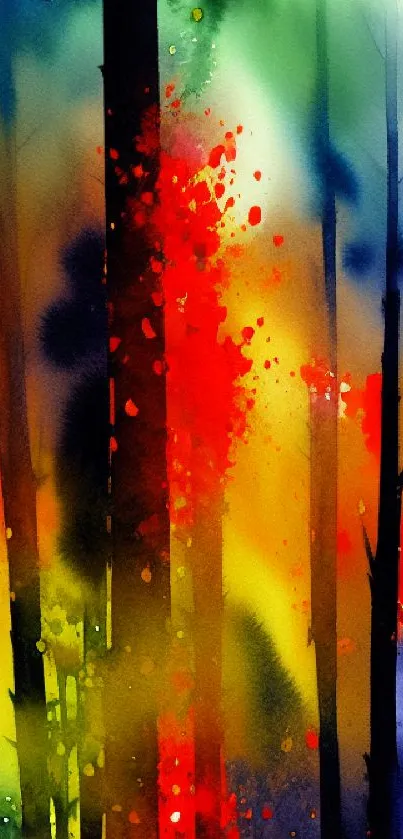 Vibrant abstract forest with watercolor splashes on a mobile wallpaper.