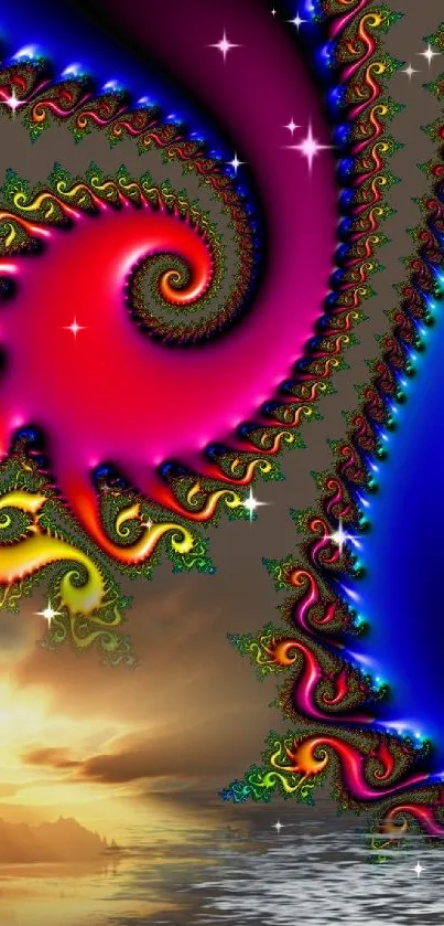 Vibrant fractal art with sunset and colorful abstract design.