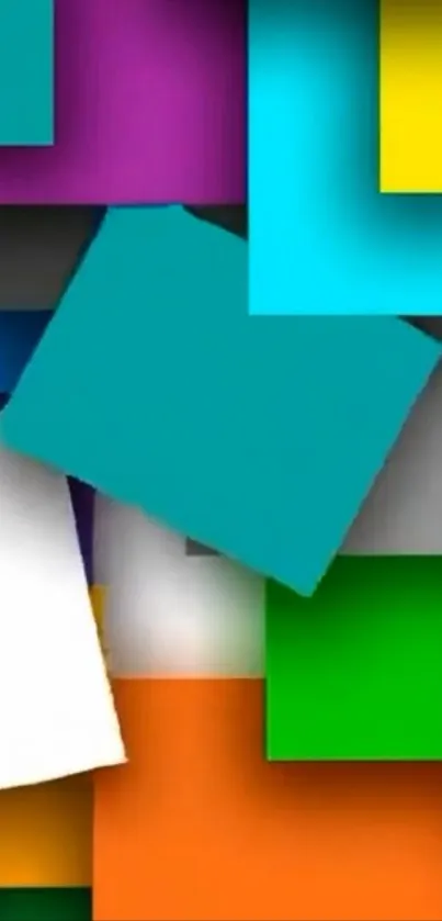 Vibrant geometric square patterns in teal, orange, and purple.