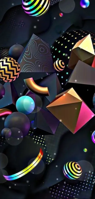 Colorful 3D abstract geometric wallpaper with vibrant spheres and pyramids.