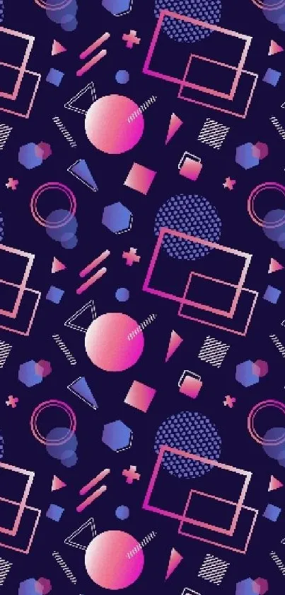 Colorful abstract geometric wallpaper with pink and blue patterns.