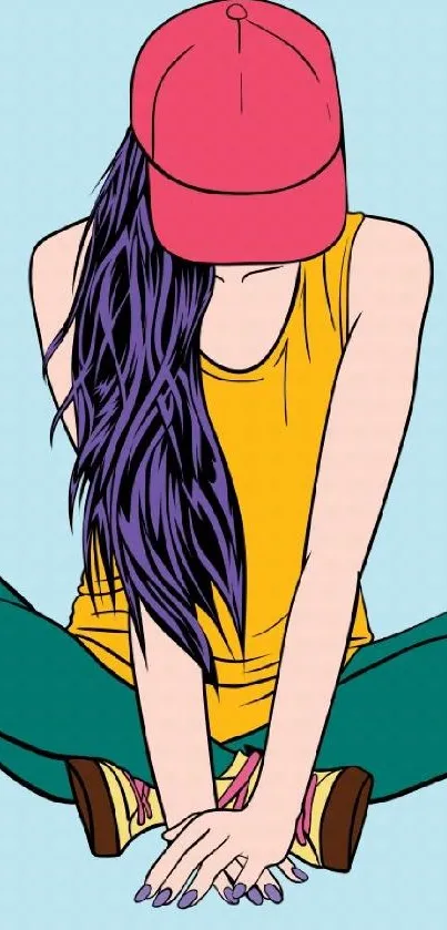 Stylish girl illustration with purple hair and red cap on light blue background.