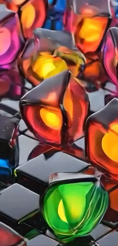 Colorful abstract glass shapes creating a vibrant mobile wallpaper.