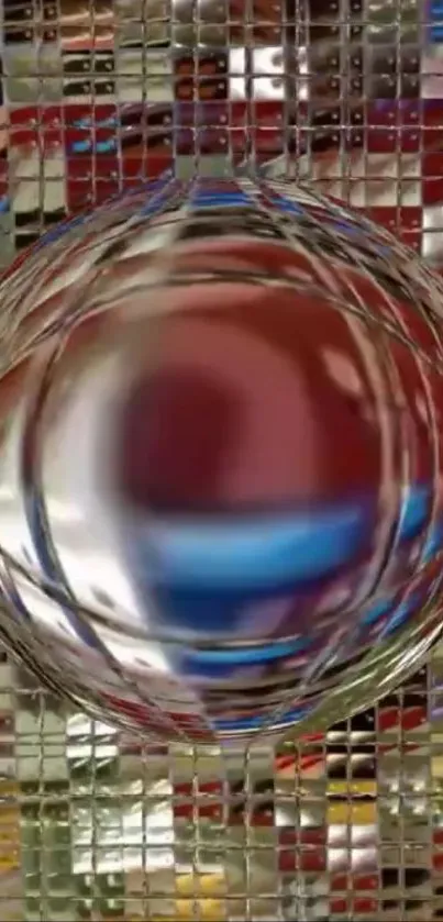 Vibrant abstract glass sphere on mosaic background.