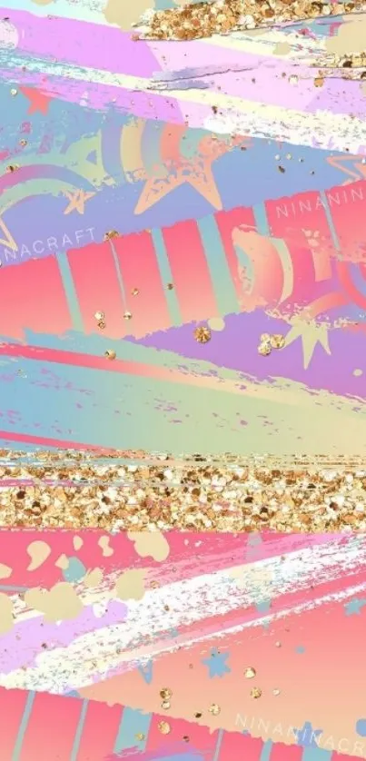 Vibrant abstract wallpaper with pastel colors and gold glitter accents.