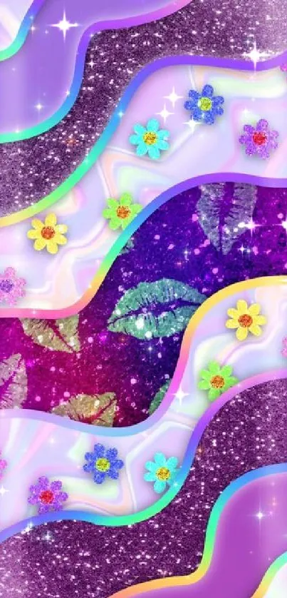 Vibrant abstract wallpaper with glittery waves and colorful floral accents.