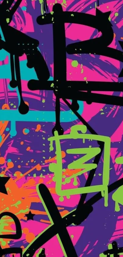 Vibrant graffiti art with neon colors and abstract patterns on a purple backdrop.