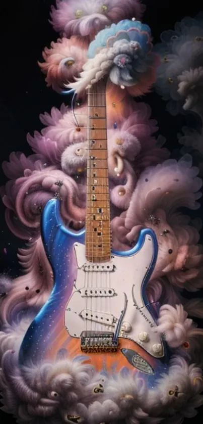 Colorful abstract guitar with clouds design.