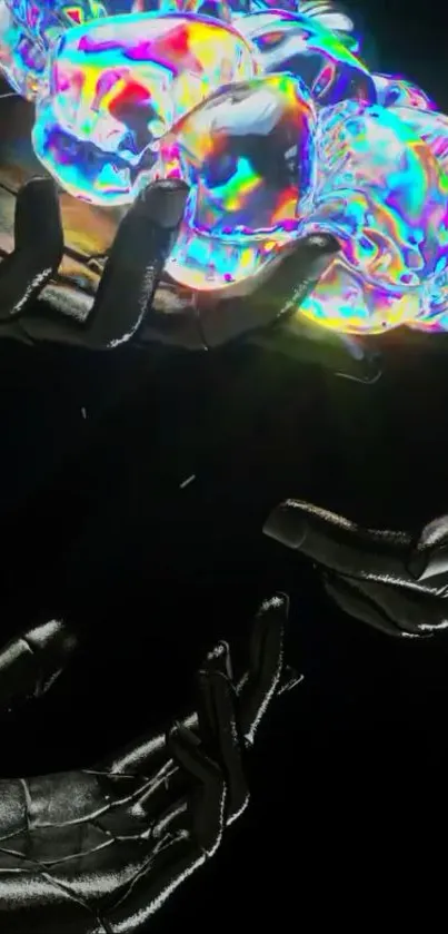 Chrome hands holding colorful crystal skulls on a dark background.