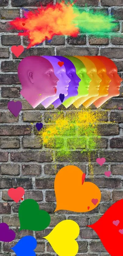 Colorful abstract head art on brick wall with hearts.